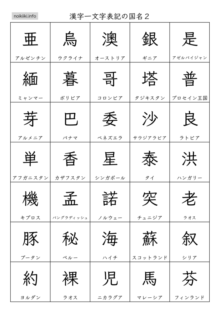 脳トレ教材マッチングパズル漢字一文字表記の国名２