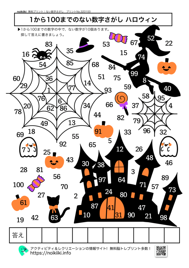 1から100までのない数字探しハロウィン