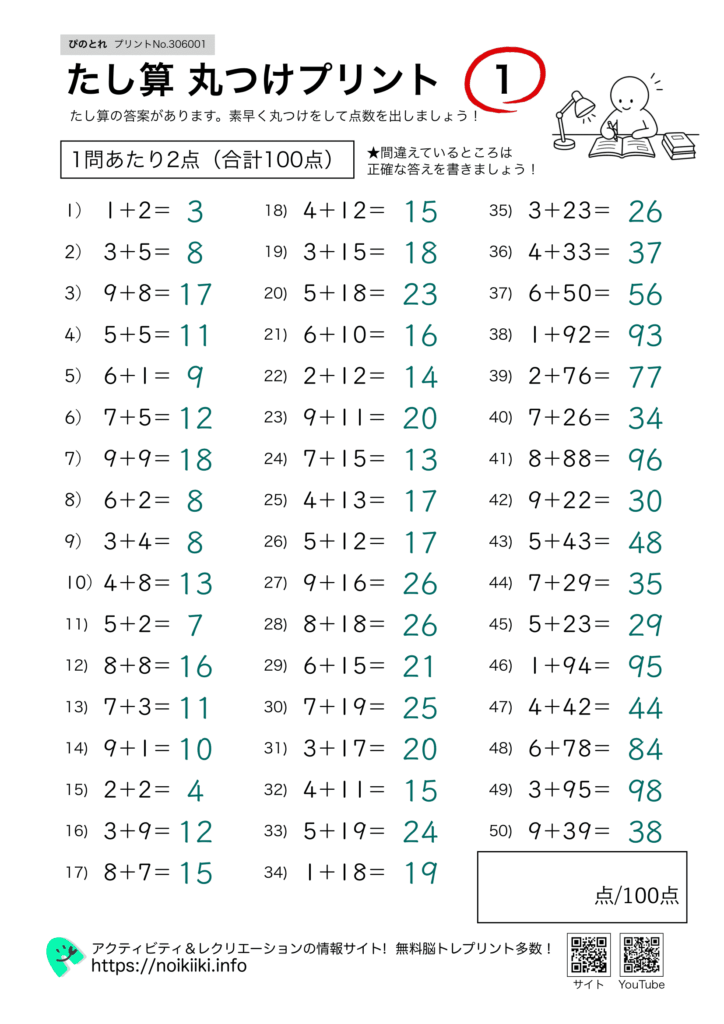 たし算丸つけプリント１